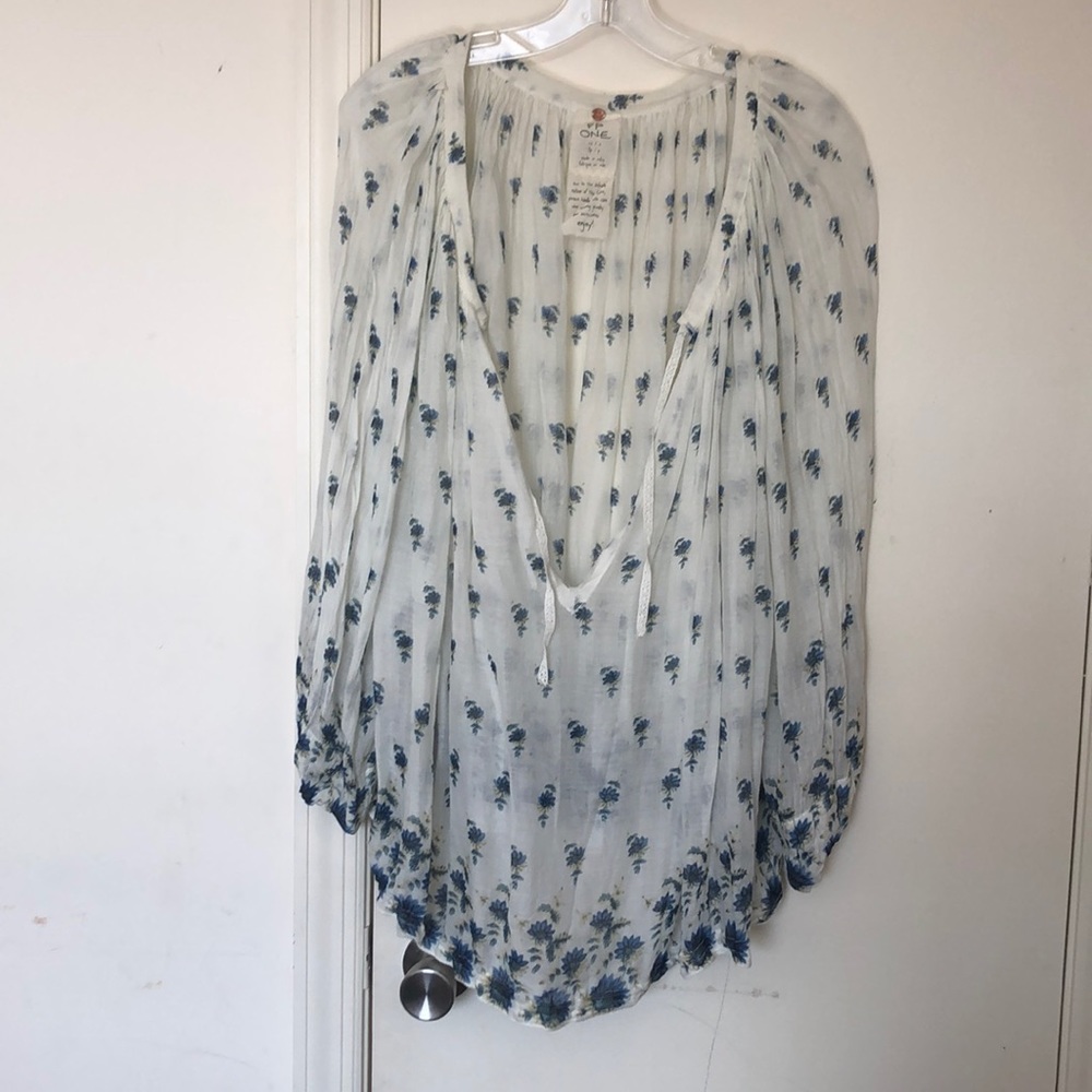 Free People Ivory Blue Floral Flowy Shirt XS